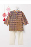 A set of Sharad Ritu Kurta and Pajama for kids, with the kurta in violet with pink and blue print and wooden buttons, and the pajama in off-white color. Displayed against a neutral background.